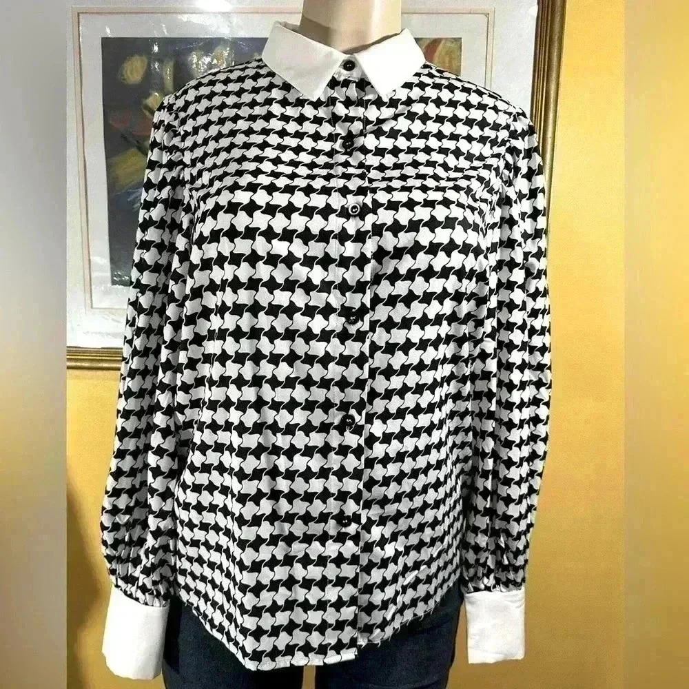 Houndstooth Printed Collared Neck Women’s Long Sleeve Shirt
